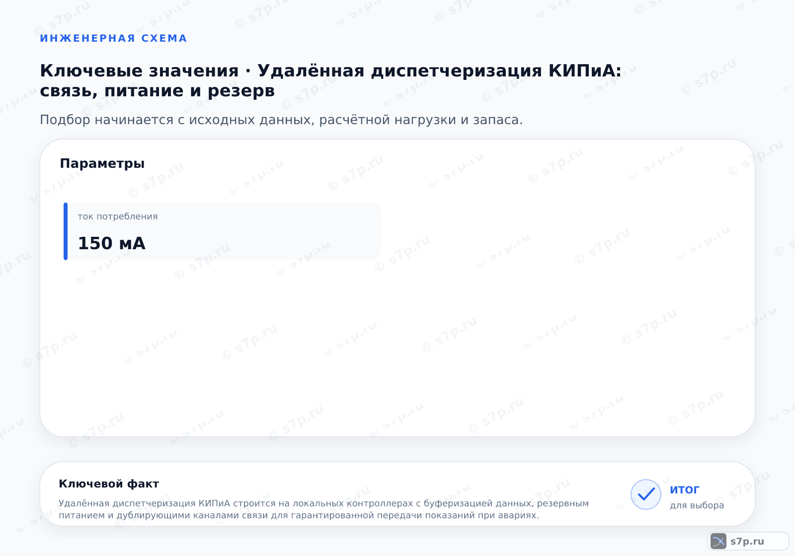Карточки ключевых значений темы «Удалённая диспетчеризация КИПиА: связь, питание и резерв»: ток потребления — 150 мА