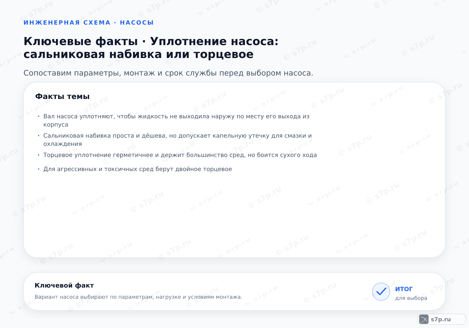 Карточки ключевых значений темы «Уплотнение насоса: сальниковая набивка или торцевое»: Вал насоса уплотняют, чтобы жидкость не выходила наружу по месту его выхода из корпуса; Сальниковая набивка проста и дёшева, но допускает капельную утечку для смазки и охлаждения