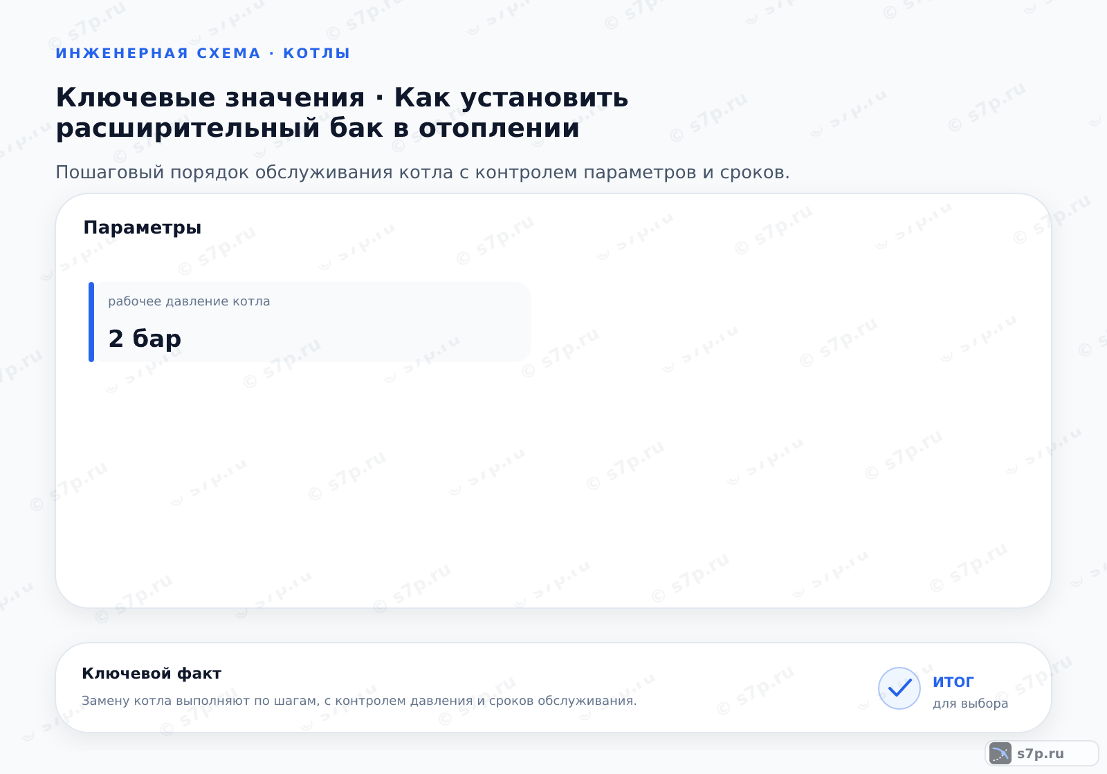 Карточки ключевых значений темы «Как установить расширительный бак в отоплении»: рабочее давление котла — 2 бар