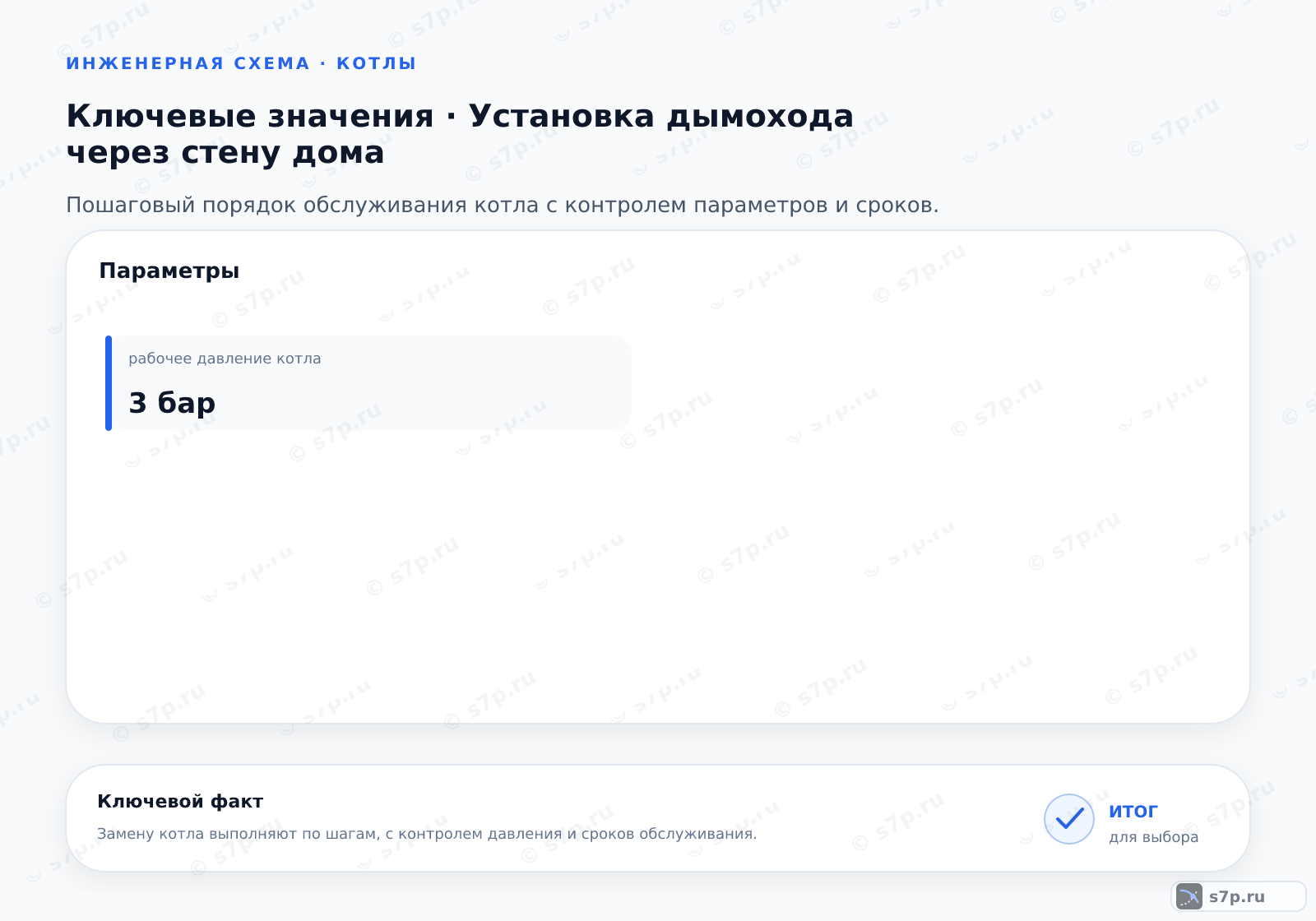 Карточки ключевых значений темы «Установка дымохода через стену дома»: рабочее давление котла — 3 бар
