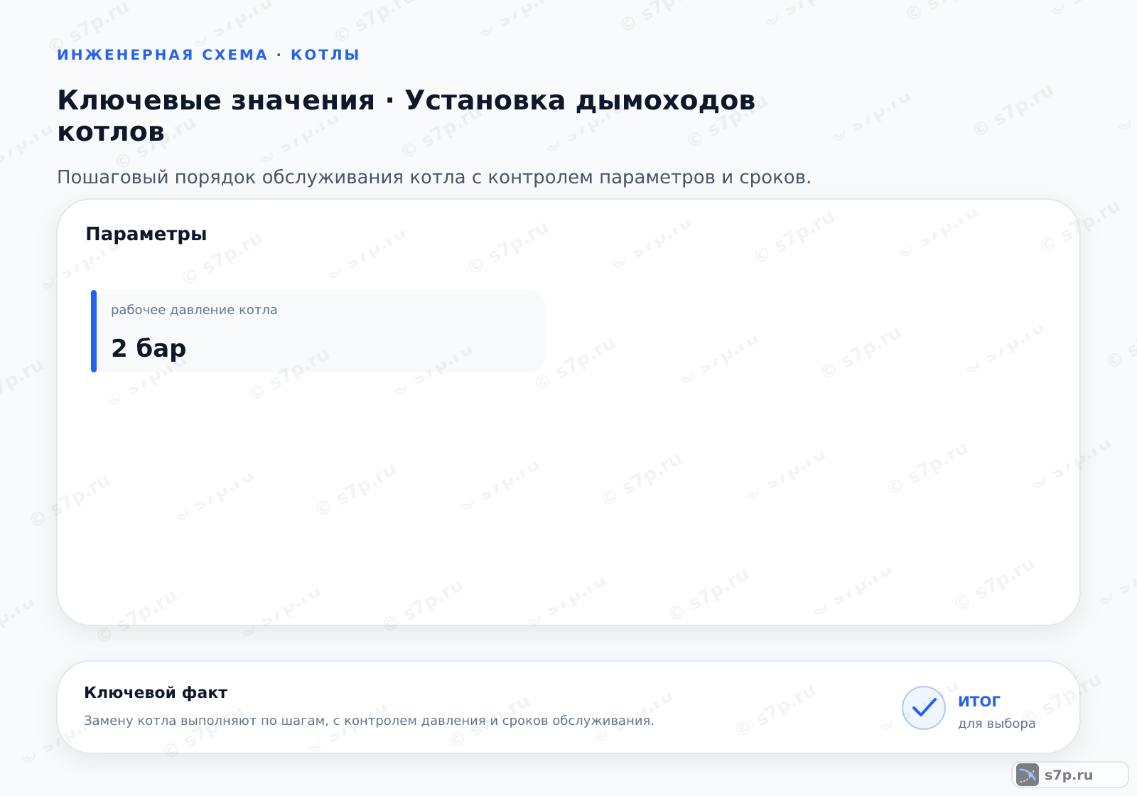 Карточки ключевых значений темы «Установка дымоходов котлов»: рабочее давление котла — 2 бар