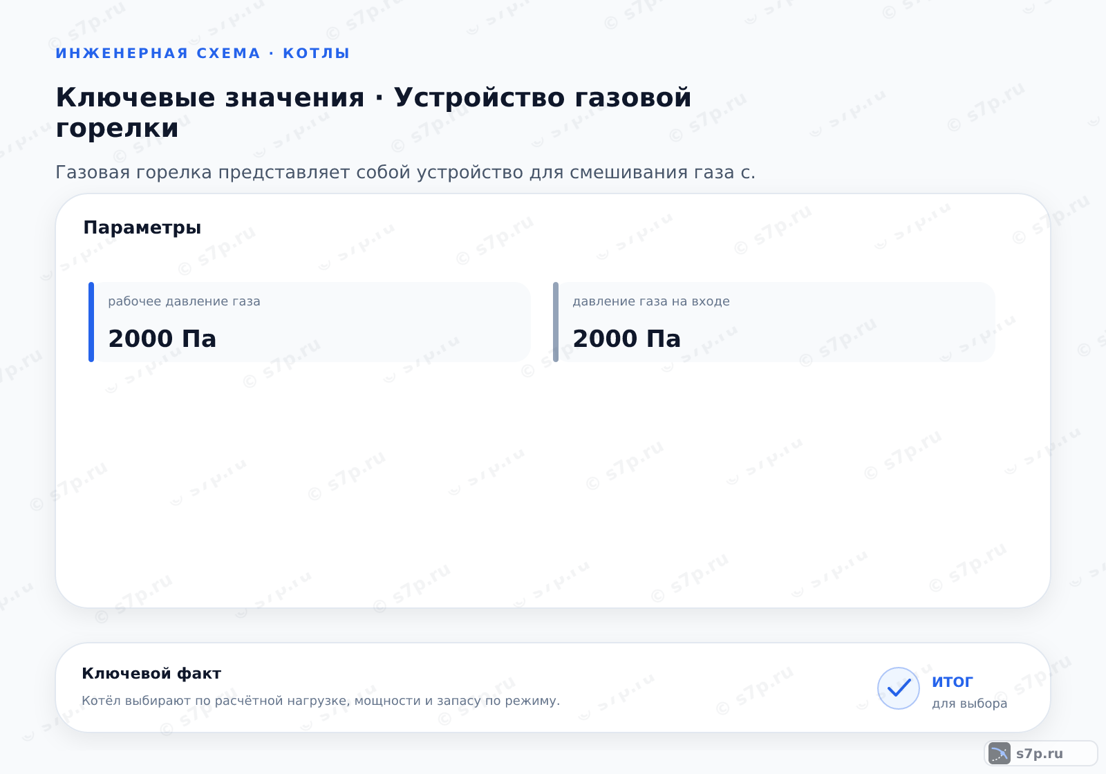 Карточки ключевых значений темы «Устройство газовой горелки»: рабочее давление газа — 2000 Па; давление газа на входе — 2000 Па