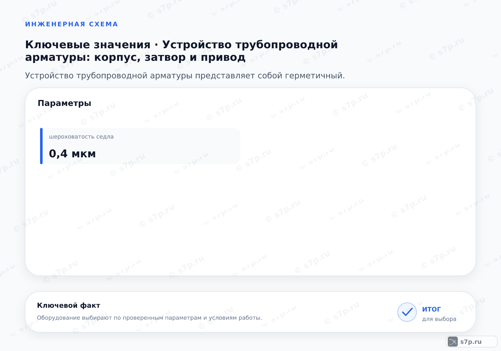 Карточки ключевых значений темы «Устройство трубопроводной арматуры: корпус, затвор и привод»: шероховатость седла — 0,4 мкм