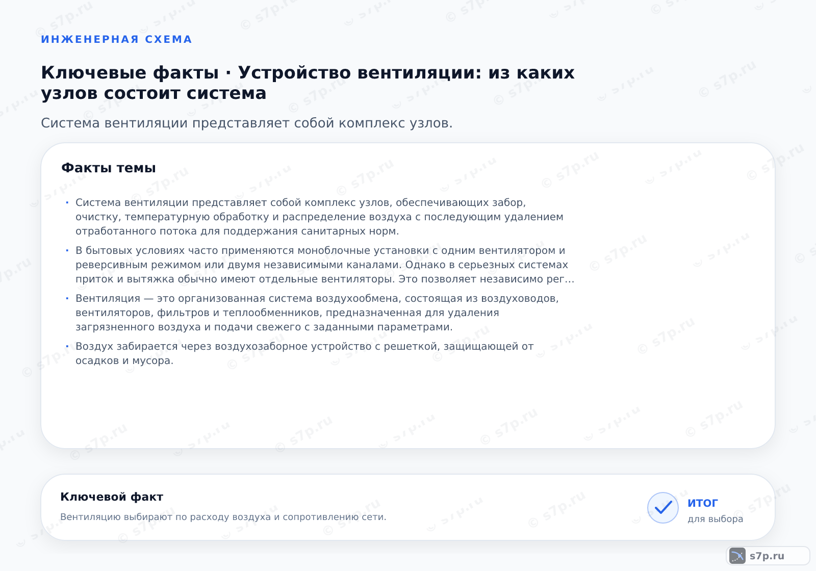 Карточки ключевых значений темы «Устройство вентиляции: из каких узлов состоит система»: Система вентиляции представляет собой комплекс узлов, обеспечивающих забор, очистку, температурную обработку и распределение воздуха с последующим удалением отработанного потока для поддержания санитарных норм.; В бытовых условиях часто применяются моноблочные установки с одним вентилятором и реверсивным режимом или двумя независимыми каналами. Однако в серьезных системах приток и вытяжка обычно имеют отдельные вентиляторы. Это позволяет независимо регулировать расходы, создавая нужное давление в помещениях. Использование одного вентилятора ограничивает возможности рекуперации и повышает риск переток воздуха из санузлов в жилые зоны. Для надежной работы лучше применять двухвентиляторную схему.