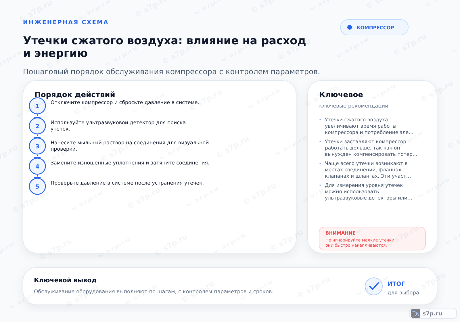 Hero-инфографика темы «Утечки сжатого воздуха: влияние на расход и энергию»: компрессор; ключевые данные: доля утечек в системе — 20 %; рост затрат на энергию — 30 %