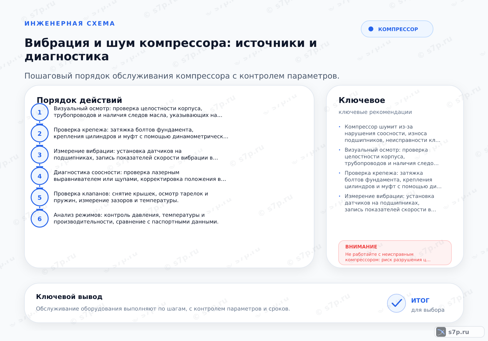 Hero-инфографика темы «Вибрация и шум компрессора: источники и диагностика»: компрессор; ключевые данные: допуск соосности — 0,05 мм