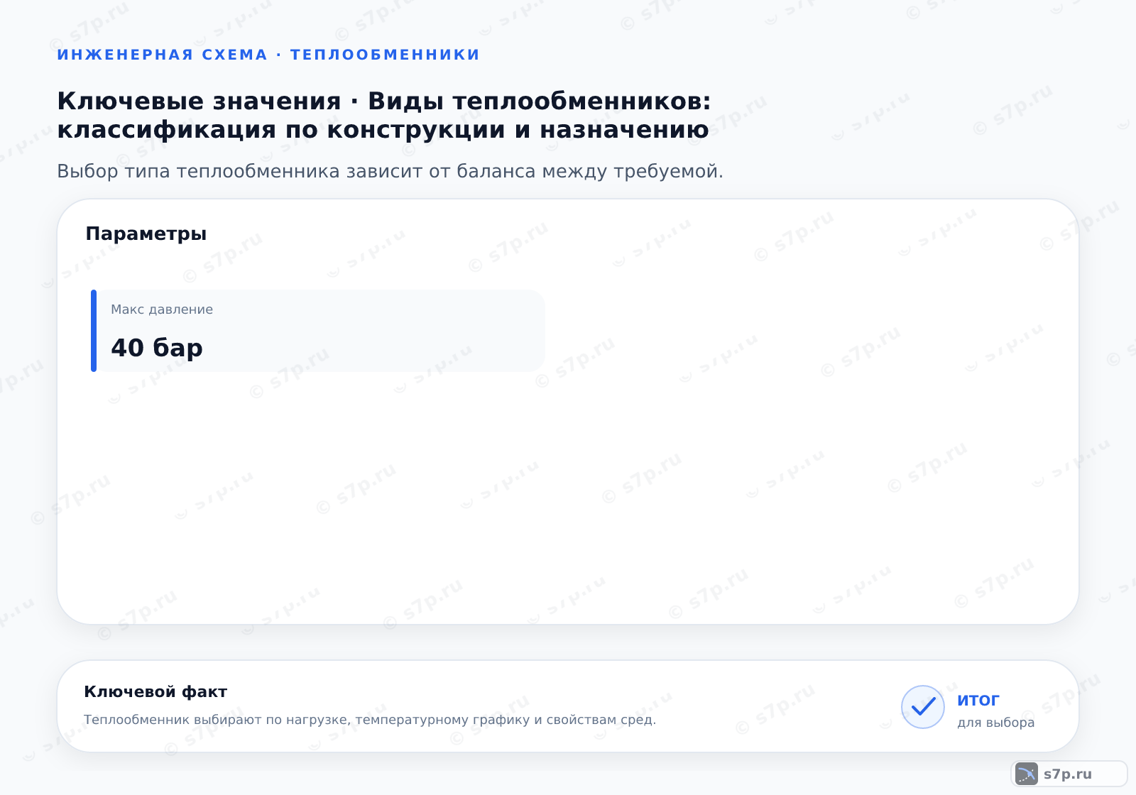 Карточки ключевых значений темы «Виды теплообменников: классификация по конструкции и назначению»: Макс давление — 40 бар