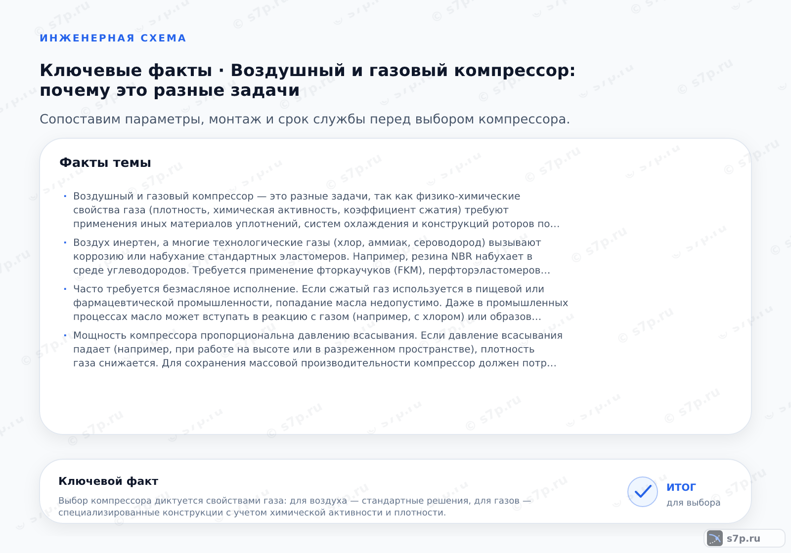 Карточки ключевых значений темы «Воздушный и газовый компрессор: почему это разные задачи»: Воздушный и газовый компрессор — это разные задачи, так как физико-химические свойства газа (плотность, химическая активность, коэффициент сжатия) требуют применения иных материалов уплотнений, систем охлаждения и конструкций роторов по сравнению с воздухом.; Воздух инертен, а многие технологические газы (хлор, аммиак, сероводород) вызывают коррозию или набухание стандартных эластомеров. Например, резина NBR набухает в среде углеводородов. Требуется применение фторкаучуков (FKM), перфторэластомеров (FFKM) или металлокерамических уплотнений. Также детали роторной пары могут требовать покрытия из хрома или нитрида титана для защиты от абразивного износа.