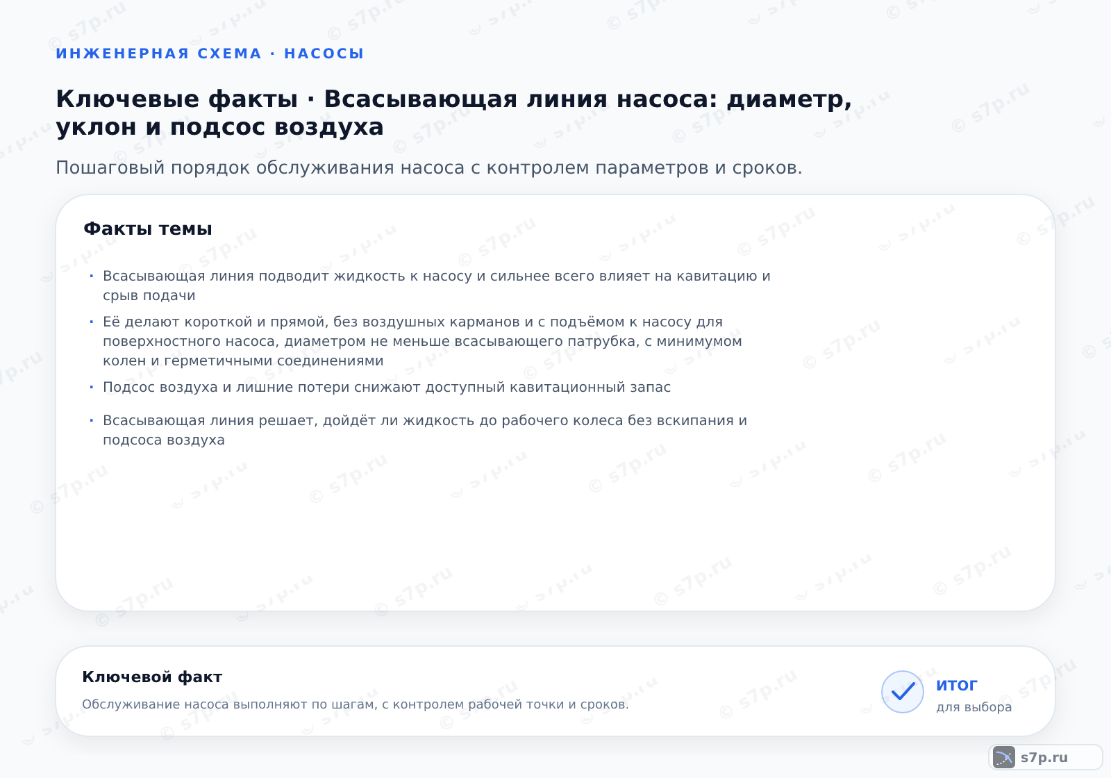 Карточки ключевых значений темы «Всасывающая линия насоса: диаметр, уклон и подсос воздуха»: Всасывающая линия подводит жидкость к насосу и сильнее всего влияет на кавитацию и срыв подачи; Её делают короткой и прямой, без воздушных карманов и с подъёмом к насосу для поверхностного насоса, диаметром не меньше всасывающего патрубка, с минимумом колен и герметичными соединениями