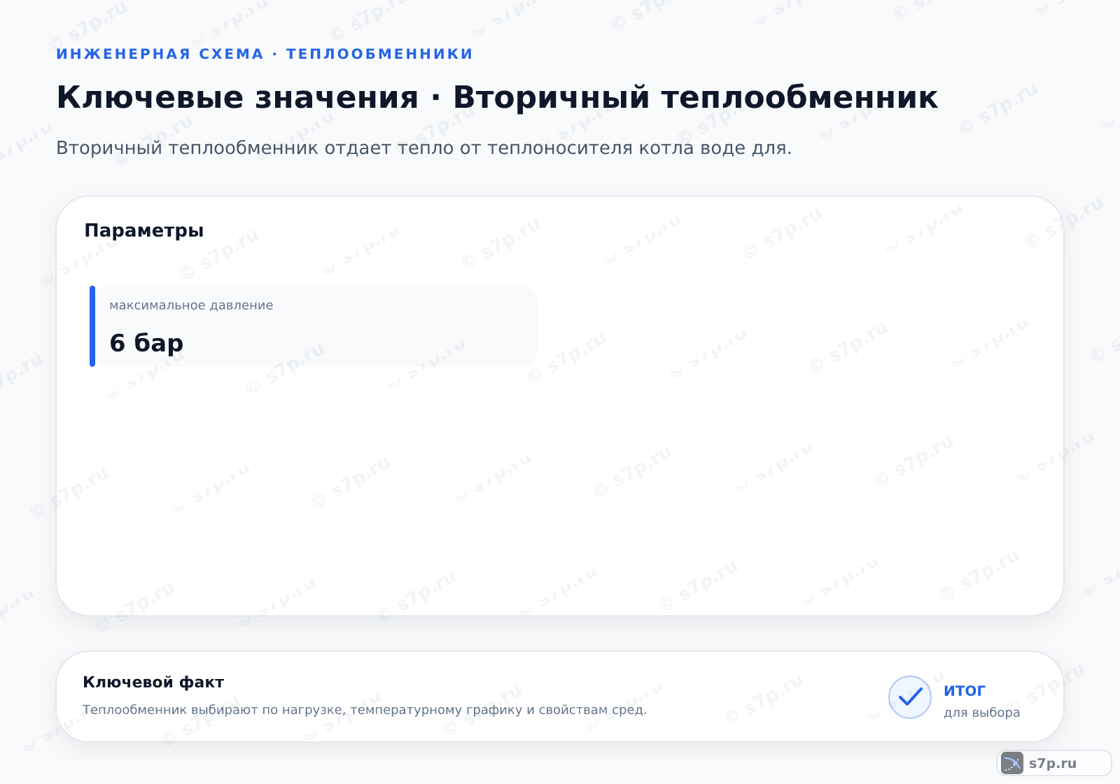 Карточки ключевых значений темы «Вторичный теплообменник»: максимальное давление — 6 бар
