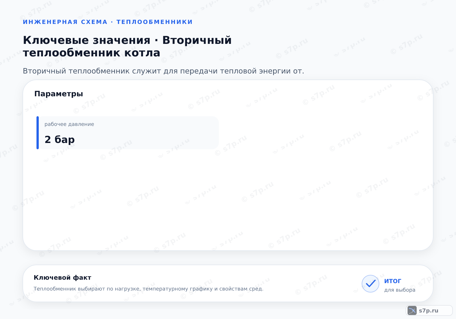 Карточки ключевых значений темы «Вторичный теплообменник котла»: рабочее давление — 2 бар