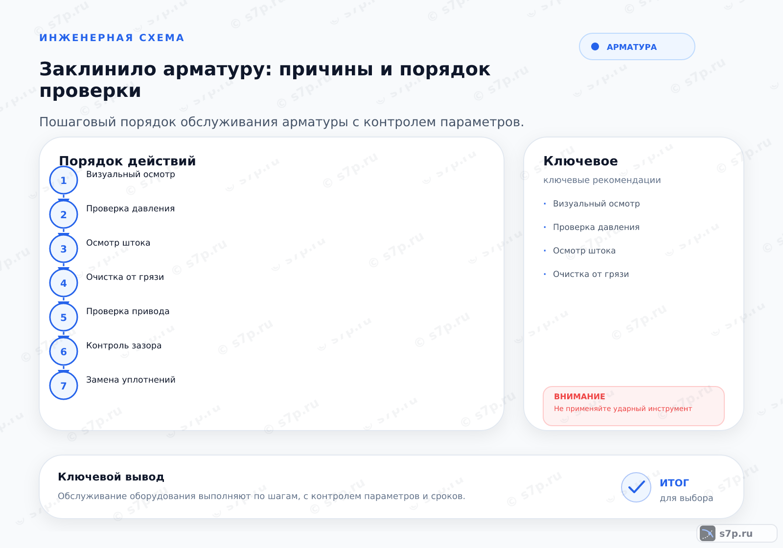 Hero-инфографика темы «Заклинило арматуру: причины и порядок проверки»: арматура; ключевые данные: Визуальный осмотр; Проверка давления