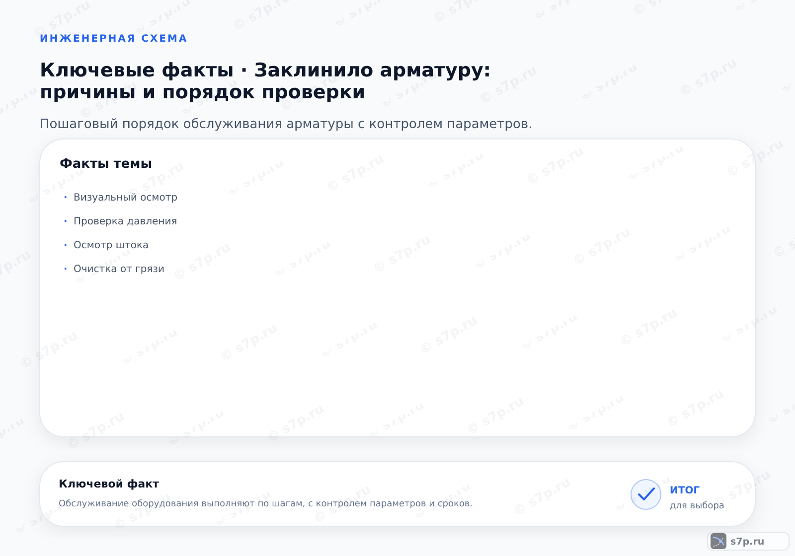 Карточки ключевых значений темы «Заклинило арматуру: причины и порядок проверки»: Визуальный осмотр; Проверка давления