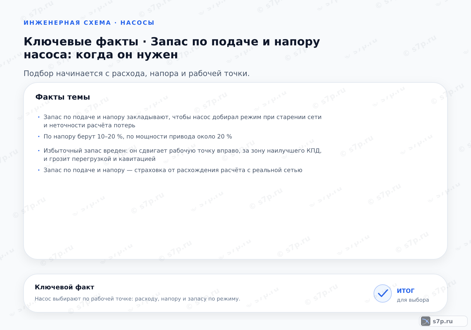 Карточки ключевых значений темы «Запас по подаче и напору насоса: когда он нужен»: Запас по подаче и напору закладывают, чтобы насос добирал режим при старении сети и неточности расчёта потерь; Избыточный запас вреден: он сдвигает рабочую точку вправо, за зону наилучшего КПД, и грозит перегрузкой и кавитацией