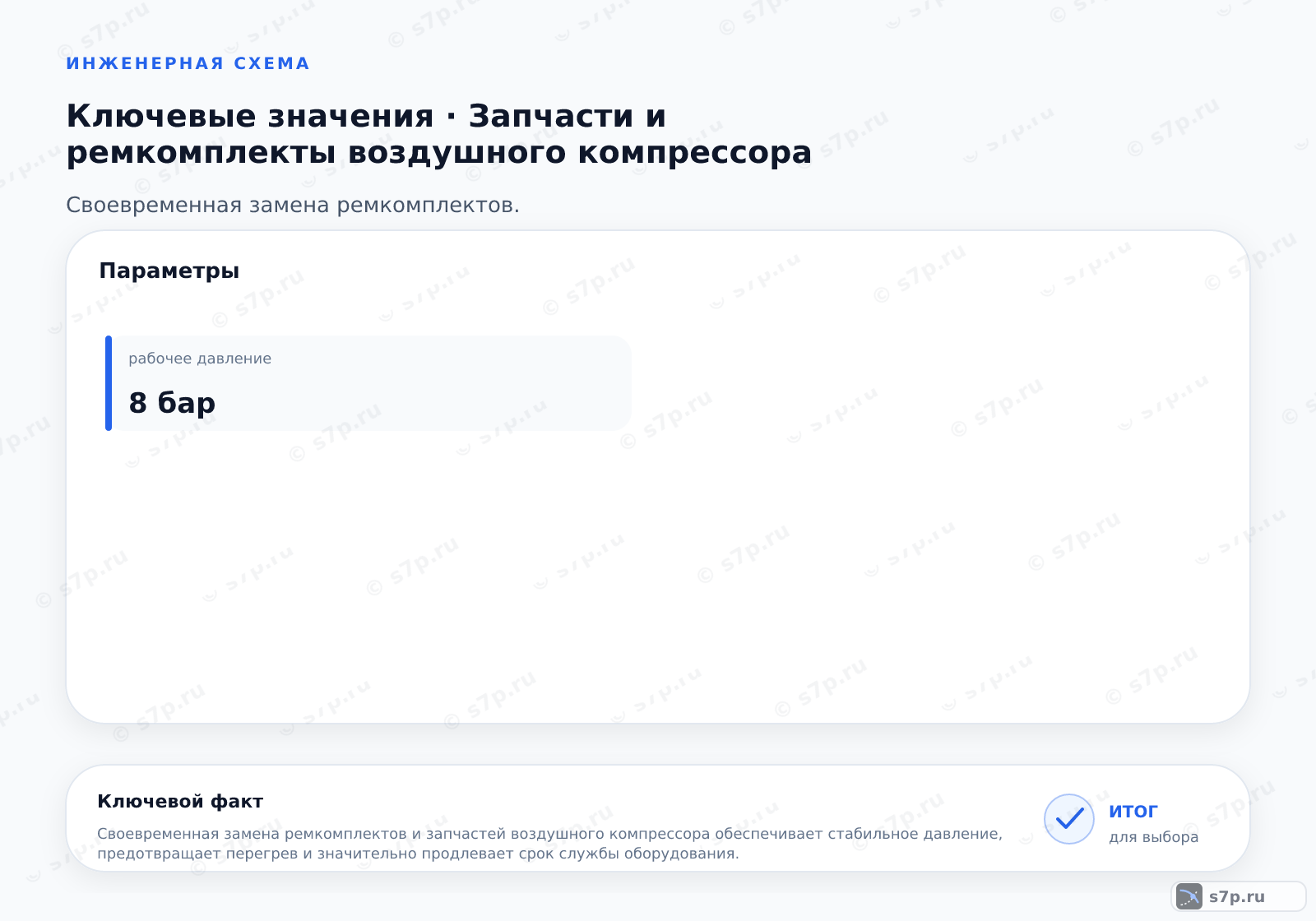 Карточки ключевых значений темы «Запчасти и ремкомплекты воздушного компрессора»: рабочее давление — 8 бар