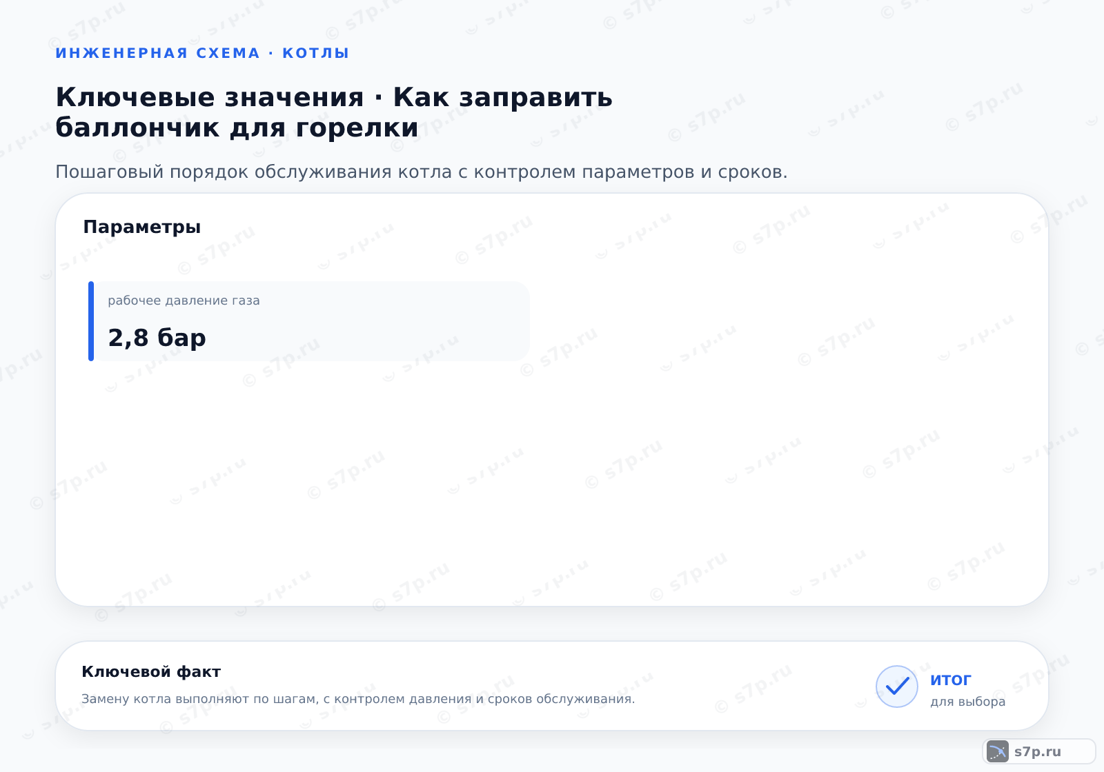 Карточки ключевых значений темы «Как заправить баллончик для горелки»: рабочее давление газа — 2,8 бар