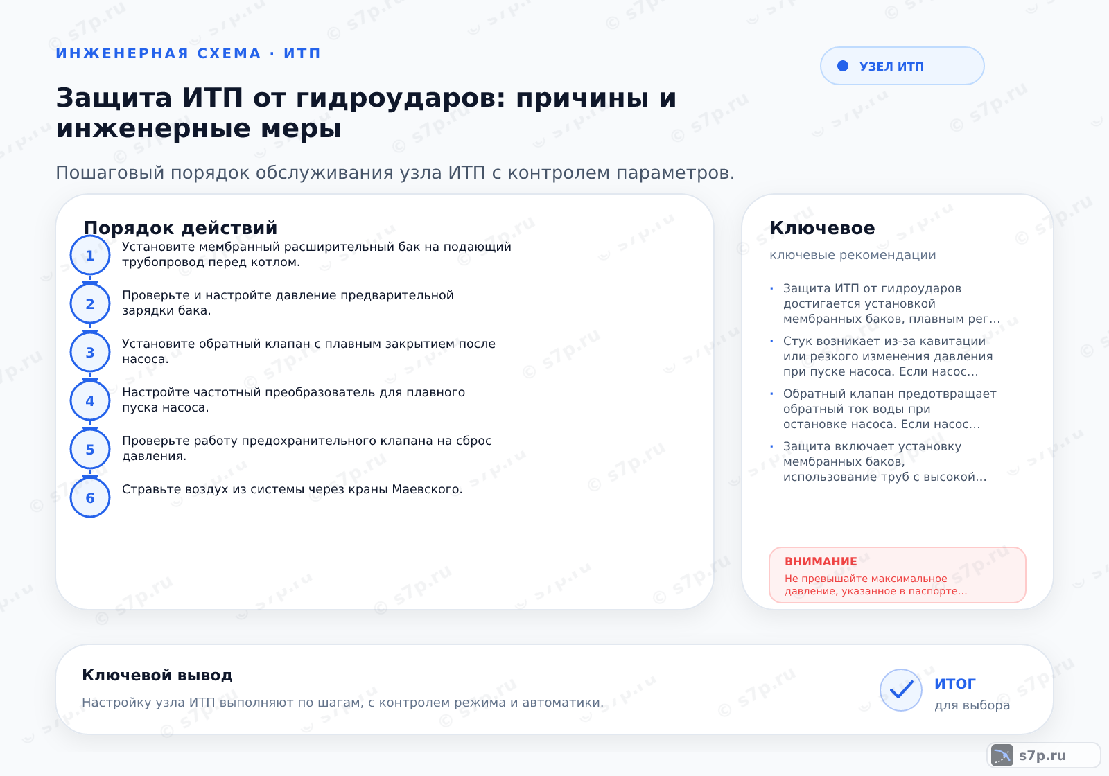 Hero-инфографика темы «Защита ИТП от гидроударов: причины и инженерные меры»: узел ИТП; ключевые данные: допустимое давление — 10 бар