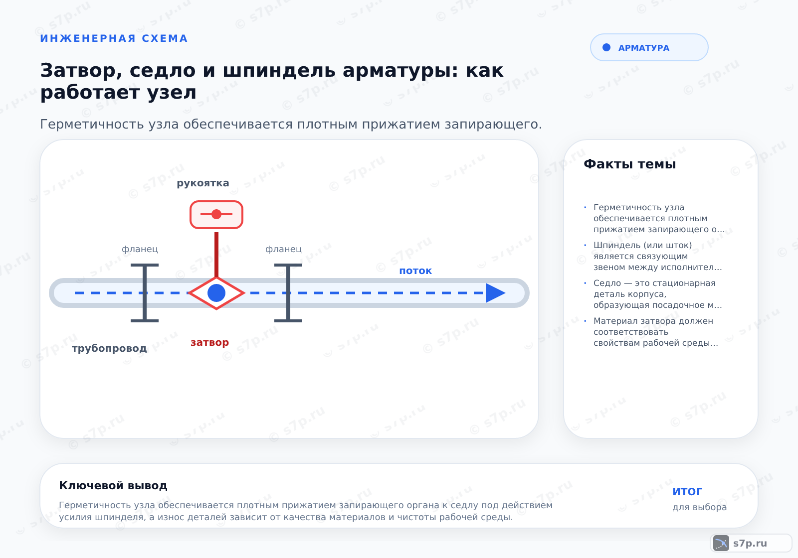 Hero-инфографика темы «Затвор, седло и шпиндель арматуры: как работает узел»: арматура; ключевые данные: Герметичность узла обеспечивается плотным прижатием запирающего органа к седлу под действием усилия шпинделя, а износ деталей зависит от качества материалов и чистоты рабочей среды.; Шпиндель (или шток) является связующим звеном между исполнительным механизмом и запирающим органом. При вращении маховика или работе привода шпиндель перемещается поступательно или вращательно, передавая механическое усилие на затвор. Это усилие прижимает затвор к седлу, создавая герметичную зону. Качество резьбы шпинделя и наличие смазки критически влияют на плавность хода и требуемый крутящий момент. В арматуре с выдвижным шпинделем он не контактирует с рабочей средой, что снижает риск коррозии резьбы.