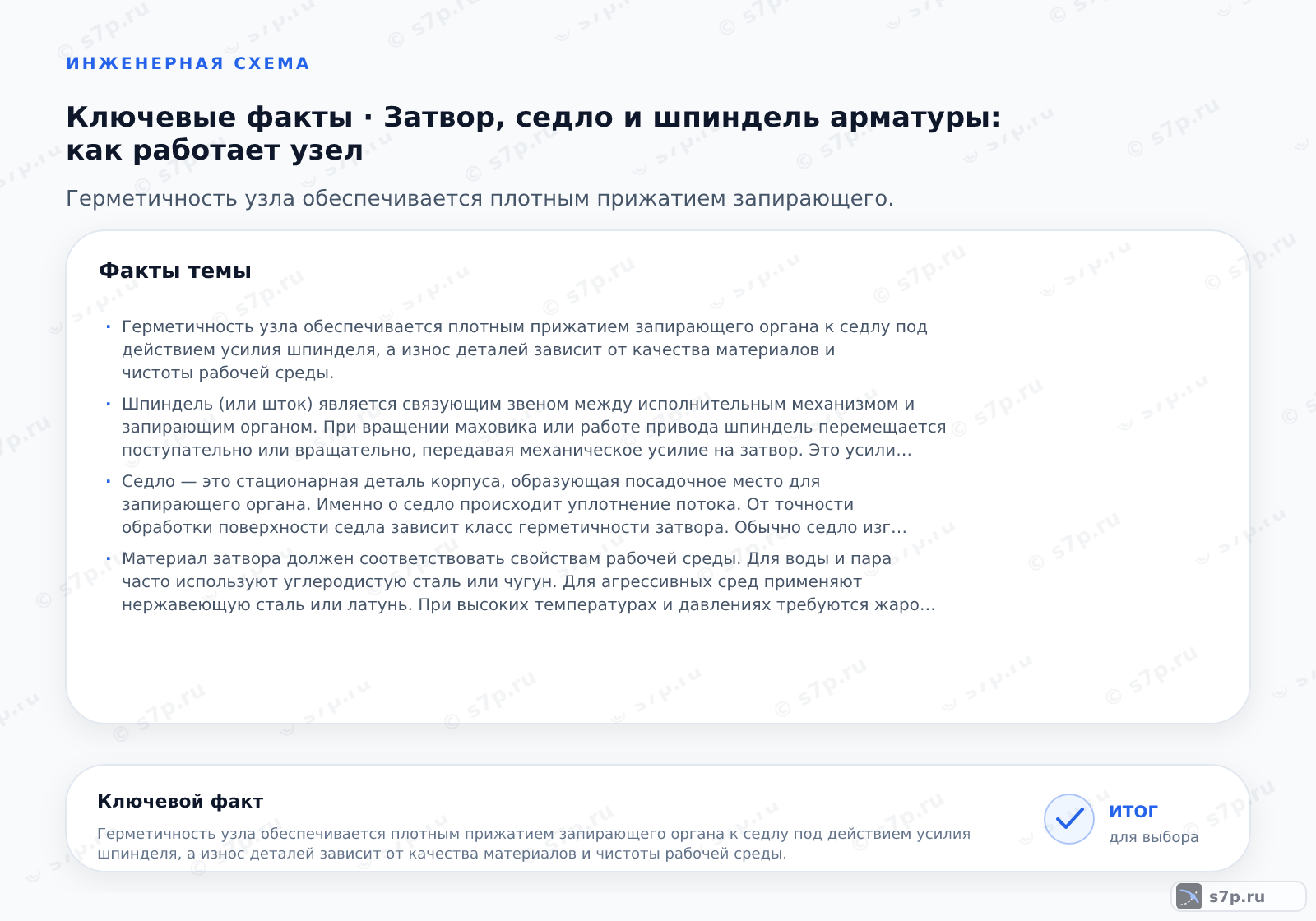 Карточки ключевых значений темы «Затвор, седло и шпиндель арматуры: как работает узел»: Герметичность узла обеспечивается плотным прижатием запирающего органа к седлу под действием усилия шпинделя, а износ деталей зависит от качества материалов и чистоты рабочей среды.; Шпиндель (или шток) является связующим звеном между исполнительным механизмом и запирающим органом. При вращении маховика или работе привода шпиндель перемещается поступательно или вращательно, передавая механическое усилие на затвор. Это усилие прижимает затвор к седлу, создавая герметичную зону. Качество резьбы шпинделя и наличие смазки критически влияют на плавность хода и требуемый крутящий момент. В арматуре с выдвижным шпинделем он не контактирует с рабочей средой, что снижает риск коррозии резьбы.
